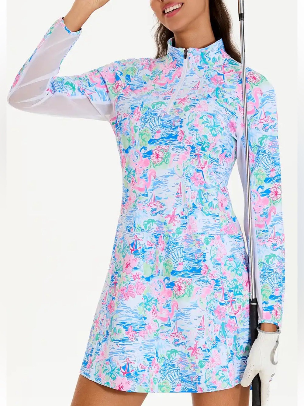 Long-Sleeve Floral Print Golf Dress - Pink & Blue Women Size XS
